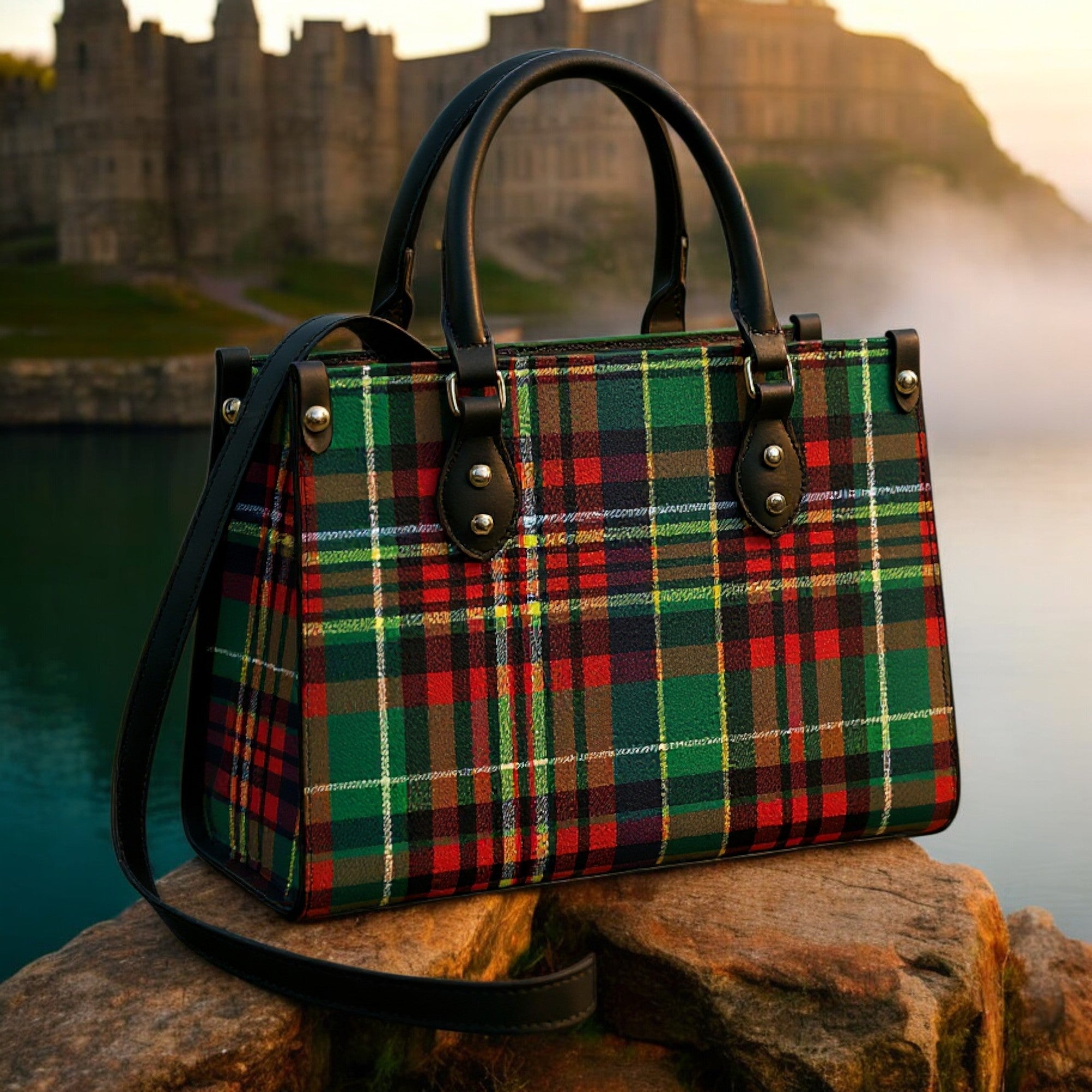 Eilean Donan Luxury Tartan Handbag Scottish Herritage Shoulder Bag Old money style with green red tartan pattern and black handles