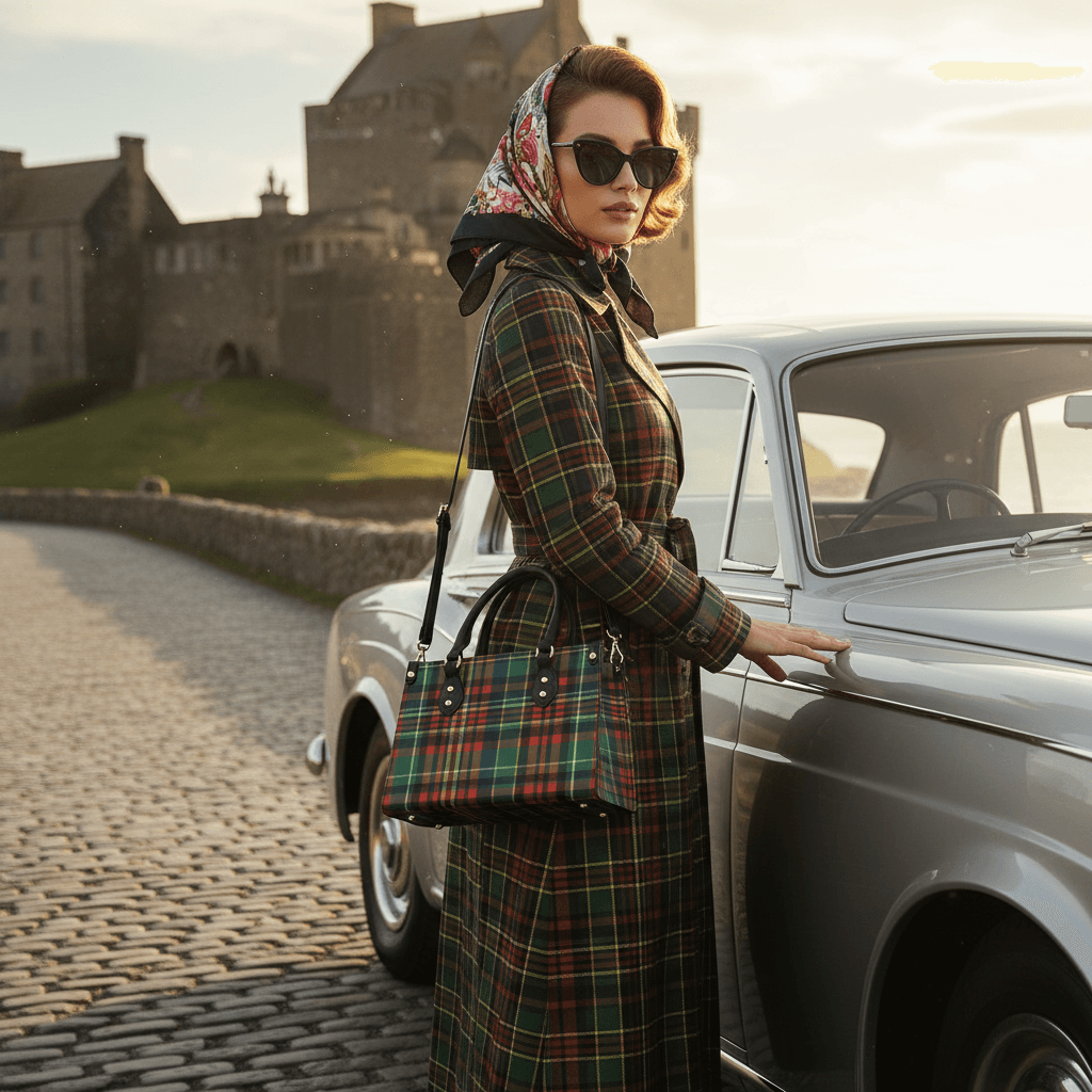 Eilean Donan Luxury Tartan Handbag Scottish Herritage Shoulder Bag Old money style worn by woman in tartan coat by vintage car