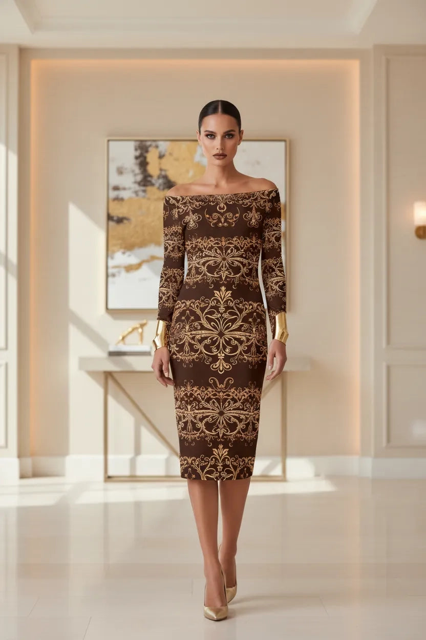 Brown elegant baroque statement dress fitted midi gold cuffs