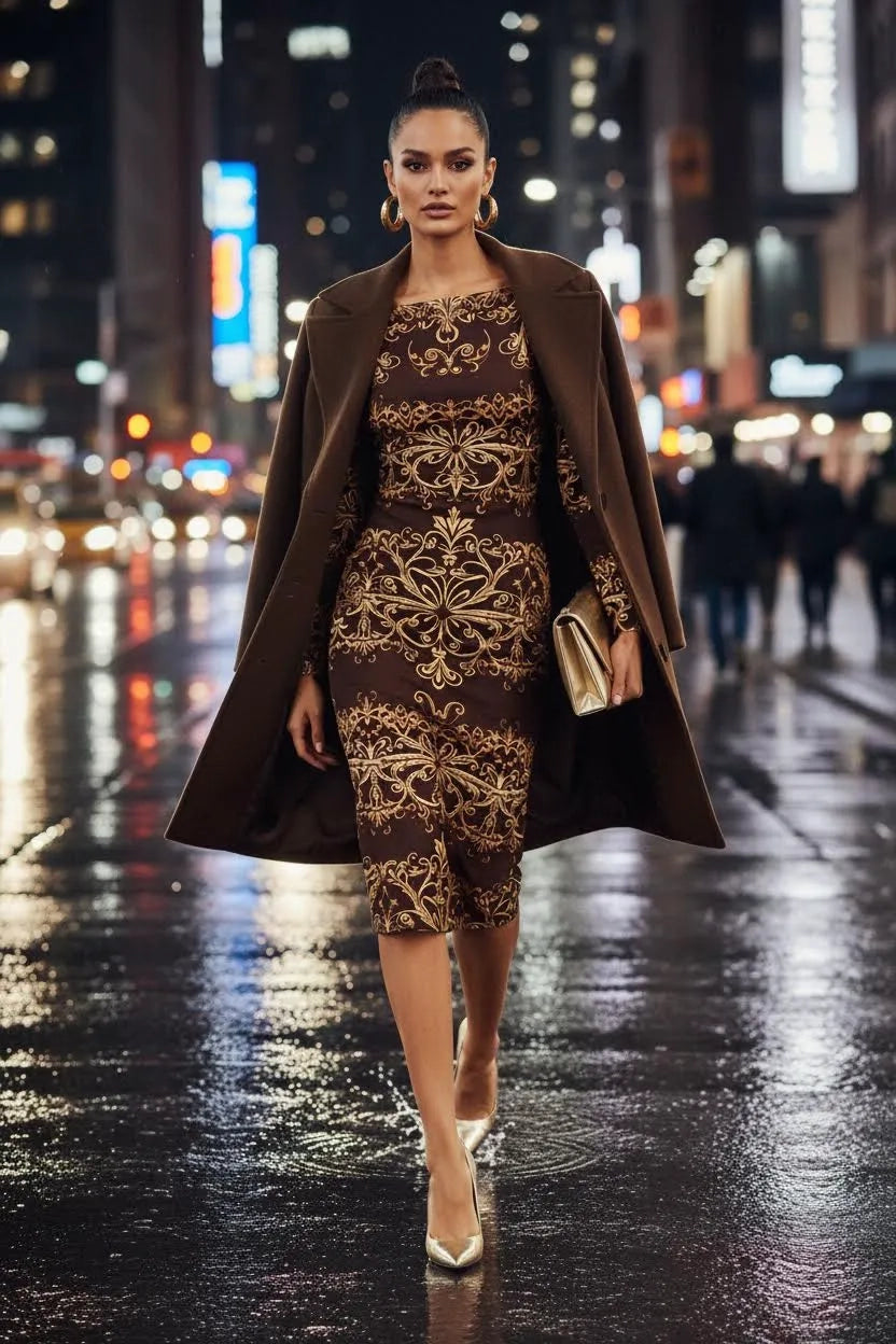 Brown elegant baroque statement dress with gold patterns and fitted silhouette