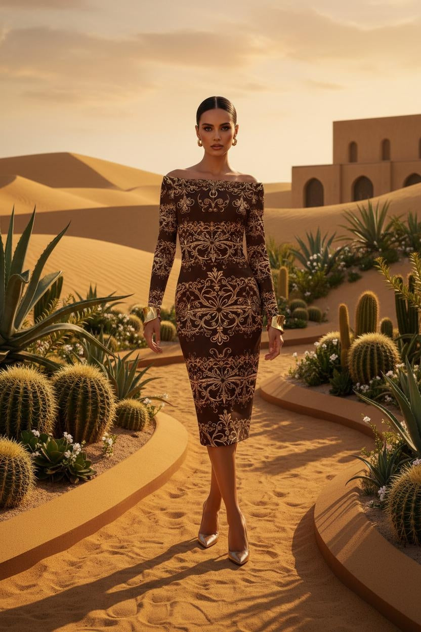Brown elegant baroque statement dress with long sleeves and fitted silhouette