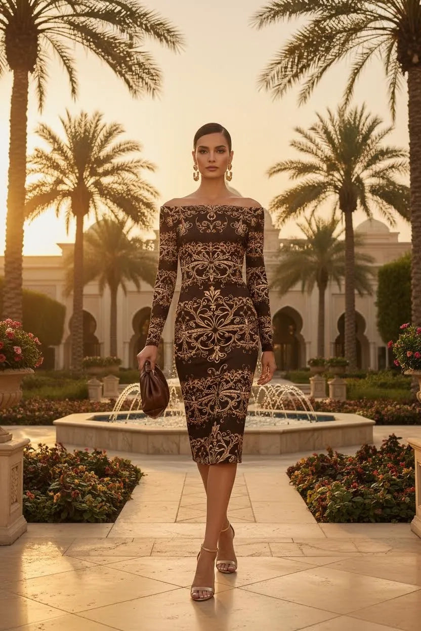 Black elegant baroque statement dress fitted off-shoulder midi for evening events