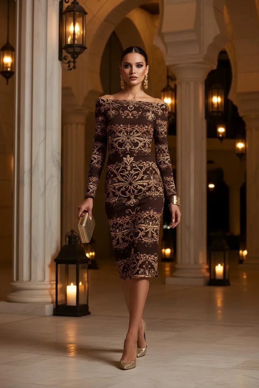 Brown elegant baroque statement dress with gold pattern fitted midi length