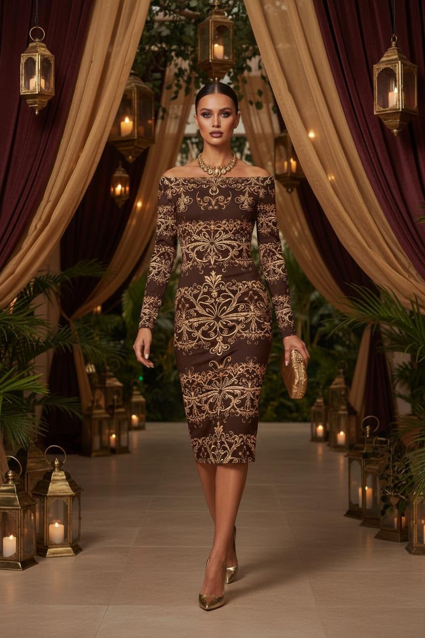 Brown elegant baroque statement dress with fitted silhouette and long sleeves