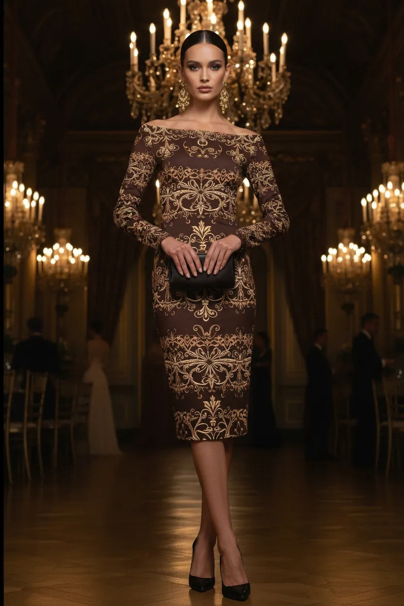 Saba Brown elegant baroque statement dress with gold pattern fitted midi length