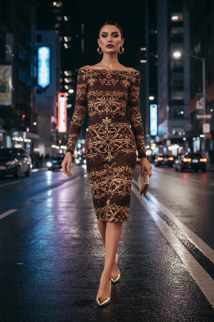 Brown elegant baroque statement dress fitted midi with gold pattern evening wear