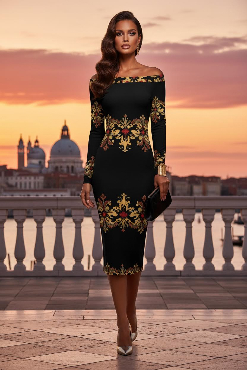 Elegant long sleeve black and gold midi dress with refined baroque pattern