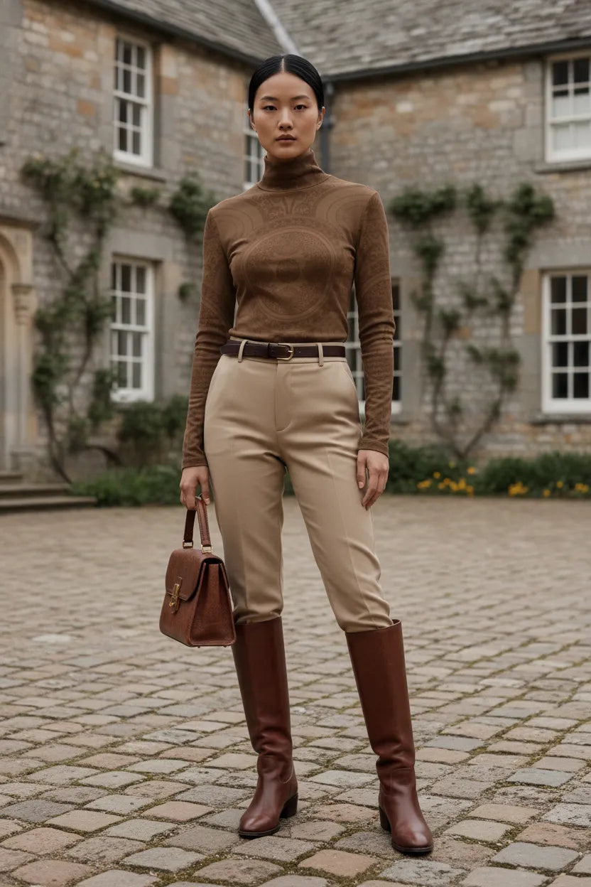 Elegant brown turtleneck top for women styled with beige pants and brown boots outdoors
