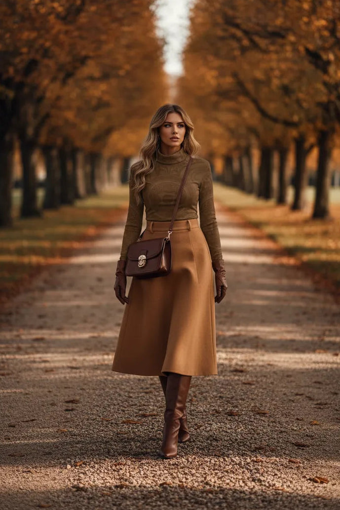 Woman wearing an elegant brown turtleneck top for women paired with a matching skirt and boots in autumn setting
