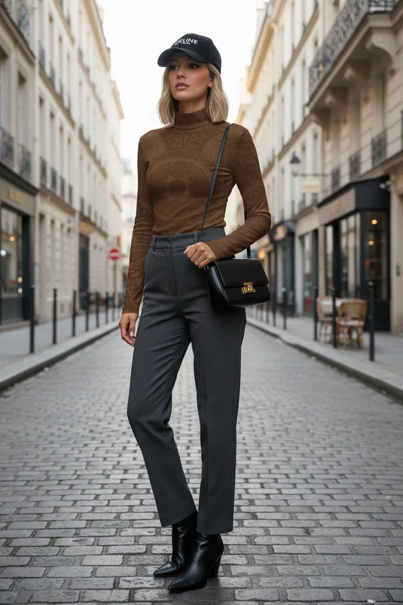 Elegant brown turtleneck top for women styled with gray pants black boots and a black shoulder bag