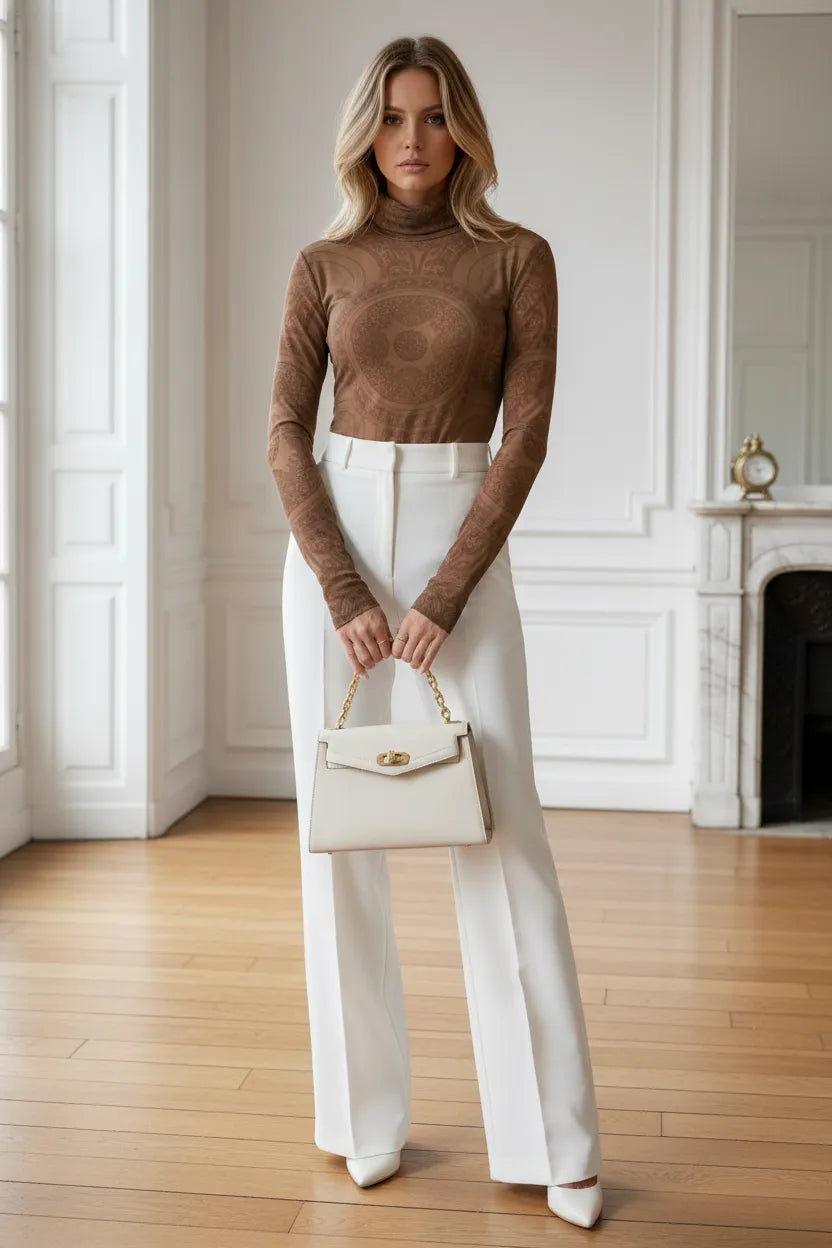 Elegant brown turtleneck top for women styled with white high-waist pants and a beige handbag