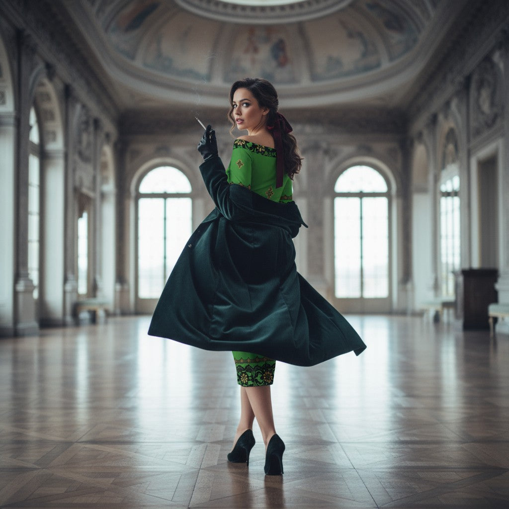 Woman wearing emerald off the shoulder bodycon dress with black coat and heels in ornate hall
