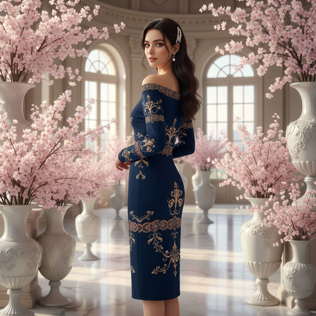 Angelic Blessings Shop navy blue off the shoulder wrap dress with gold floral patterns and long sleeves