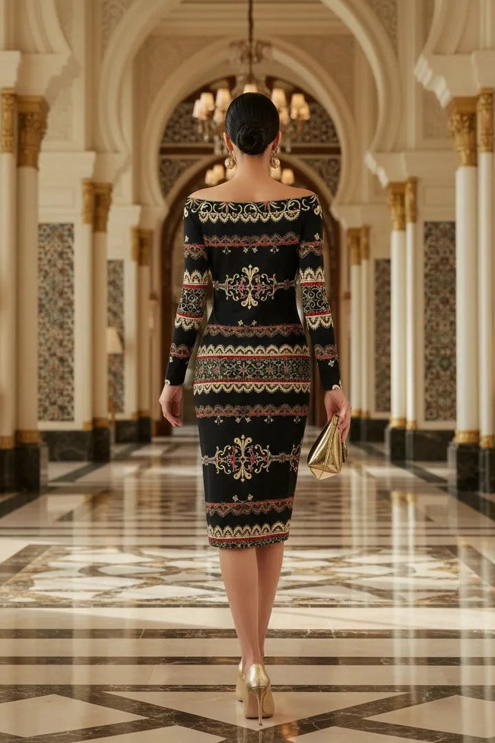 Angelic Blessings Shop elegant off-shoulder midi dress with long sleeves and intricate patterns in a luxurious setting