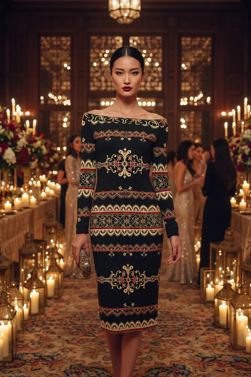 Elegant off-shoulder midi dress with intricate gold and red patterns by Angelic Blessings Shop