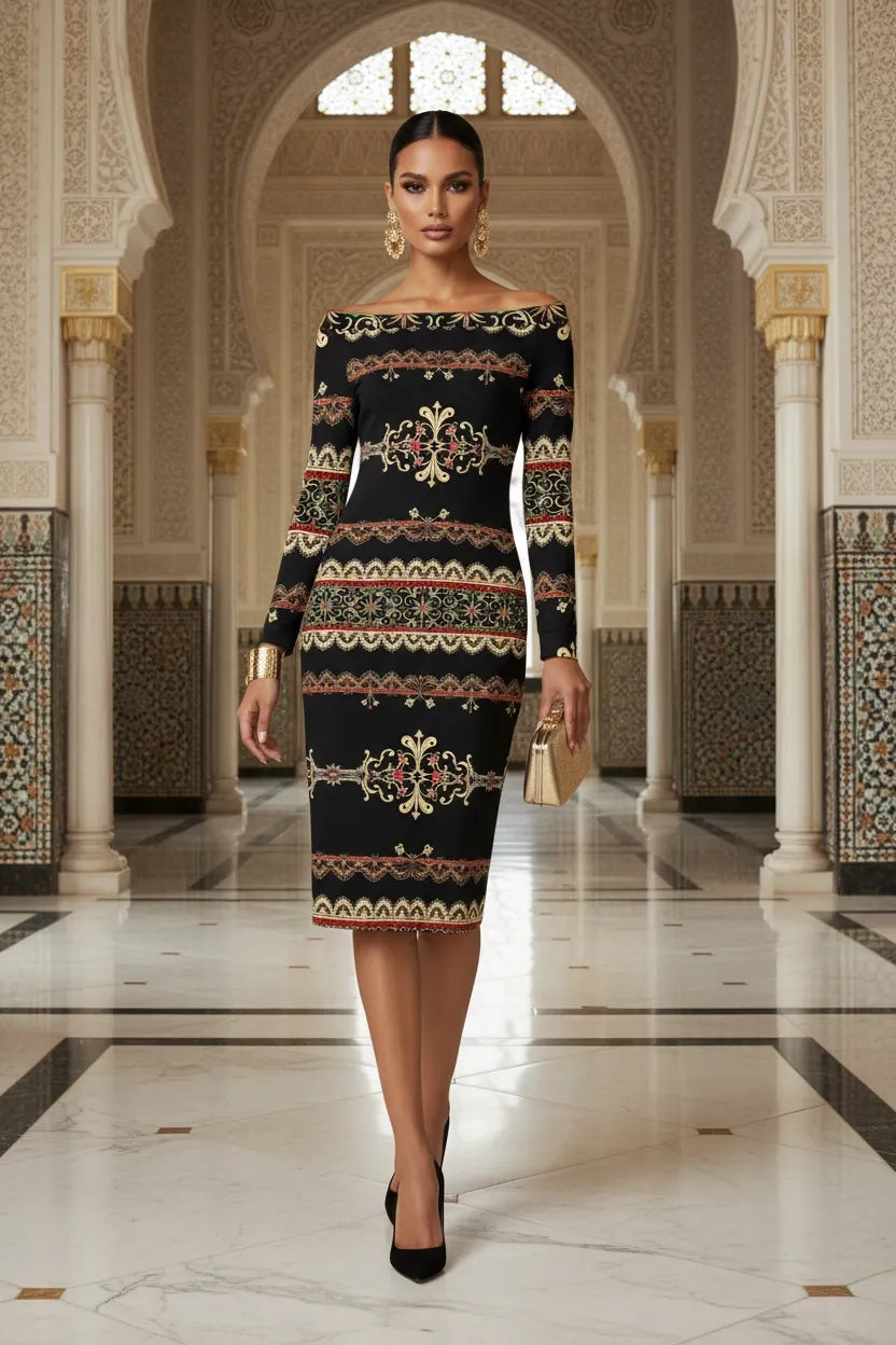 Angelic Blessings Shop elegant off-shoulder midi dress with long sleeves and intricate patterns