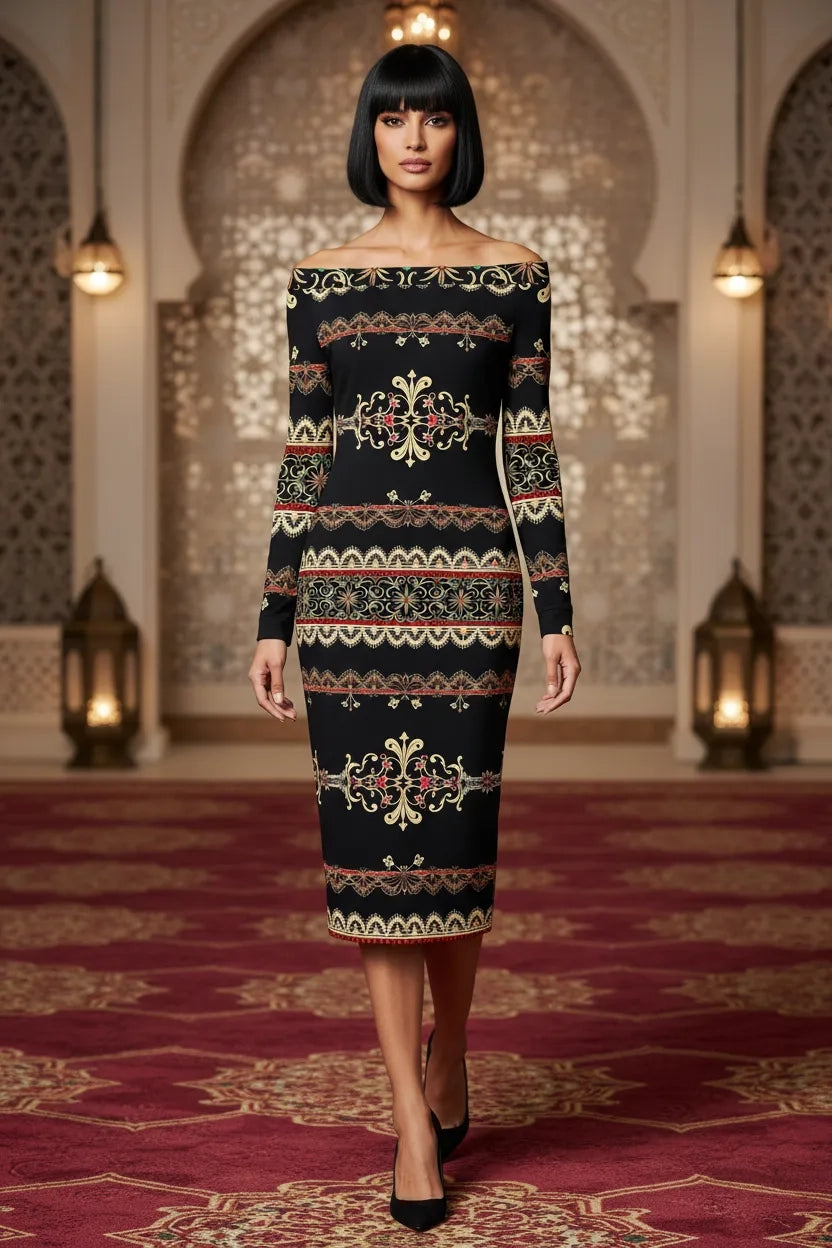 Angelic Blessings Shop elegant off-shoulder midi dress with intricate patterns and long sleeves