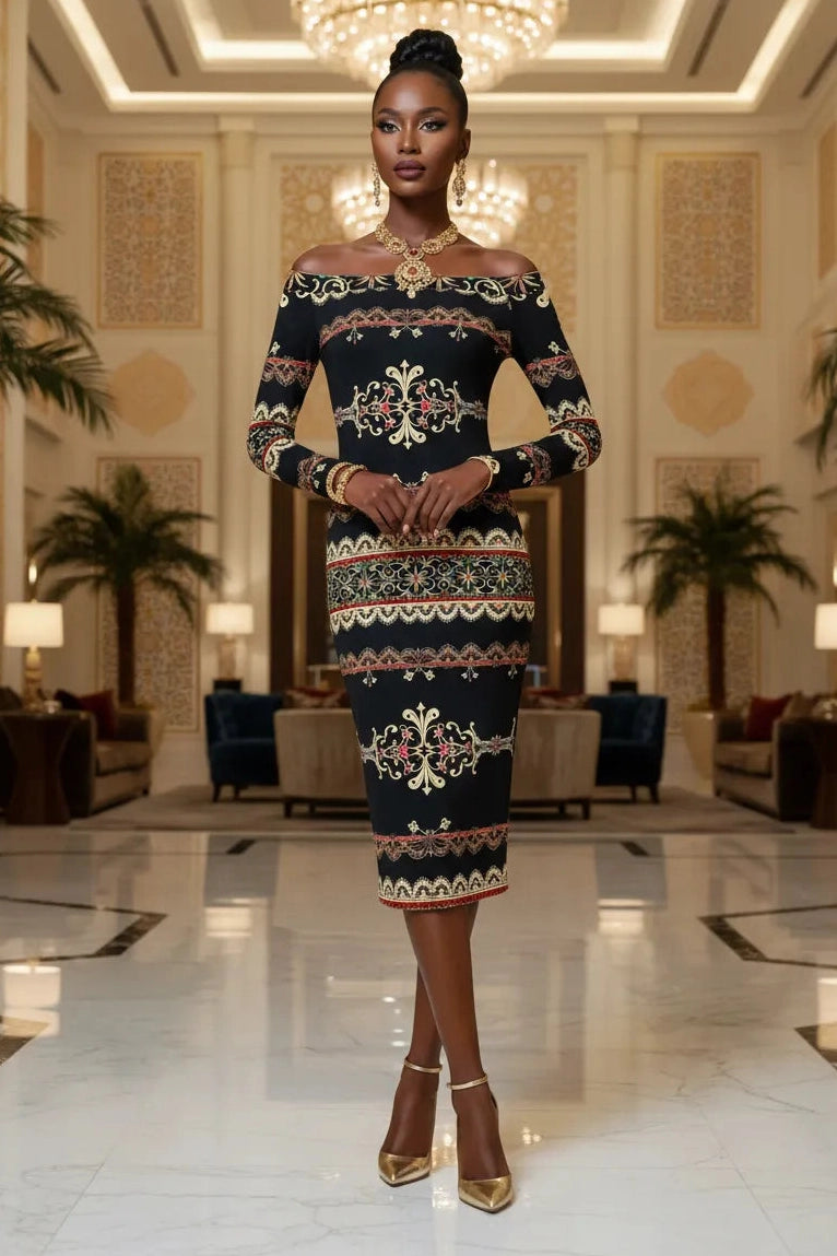 Elegant off-shoulder midi dress with intricate gold and red patterns from Angelic Blessings Shop