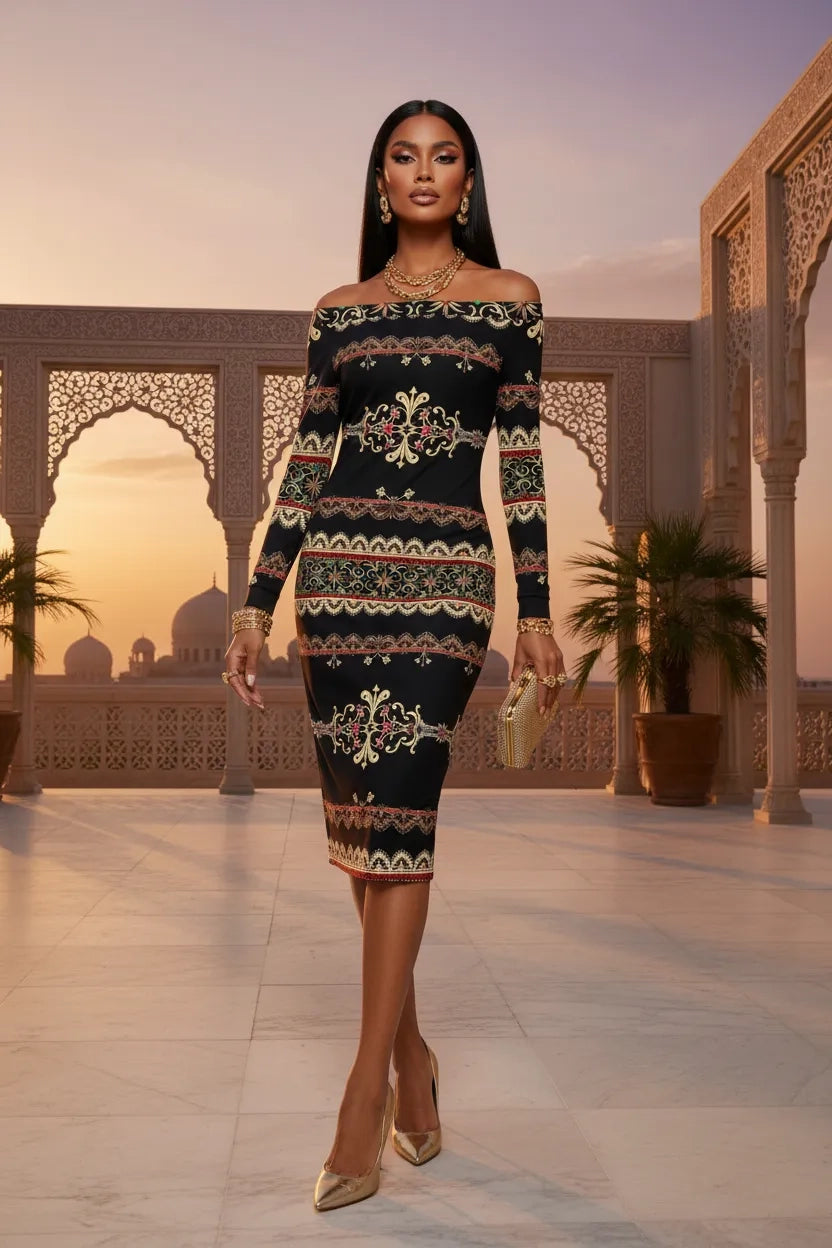 Angelic Blessings Shop elegant off-shoulder midi dress with intricate patterns in black and gold