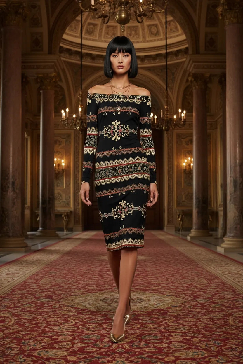 Elegant off-shoulder midi dress with intricate patterns worn by model in grand hall by Angelic Blessings Shop