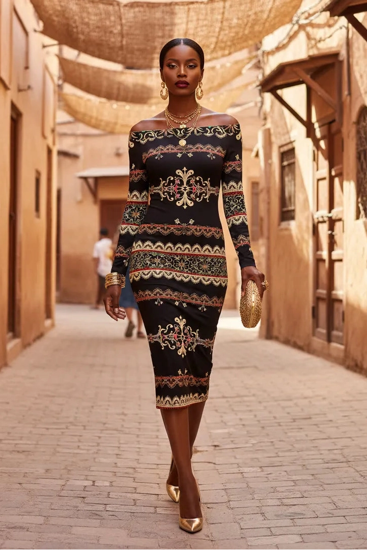 Elegant off-shoulder midi dress with intricate gold and black pattern from Angelic Blessings Shop
