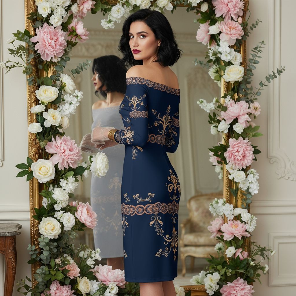 Woman in navy blue off the shoulder wrap dress with gold embroidery standing by floral mirror