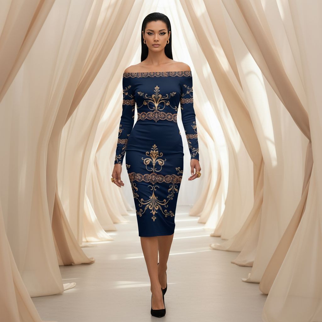 Navy blue off the shoulder wrap dress with gold baroque patterns and long sleeves