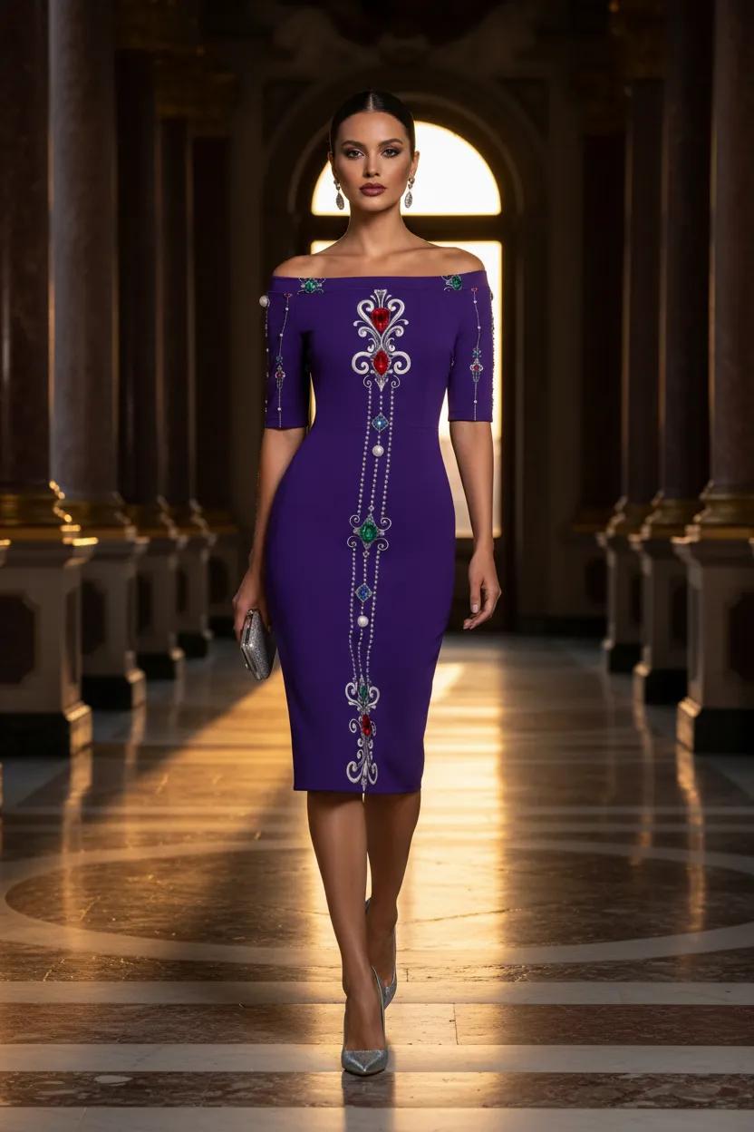 Elegant Royal Purple Baroque Off-Shoulder wrap dress Evening Outfit Stylish Design
