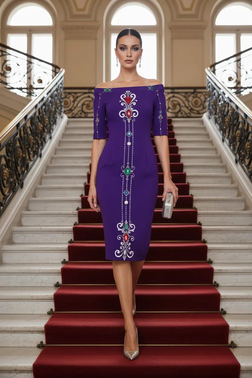 Elegant Royal Purple Baroque Off-Shoulder Wrap Dress Evening Outfit Fashion