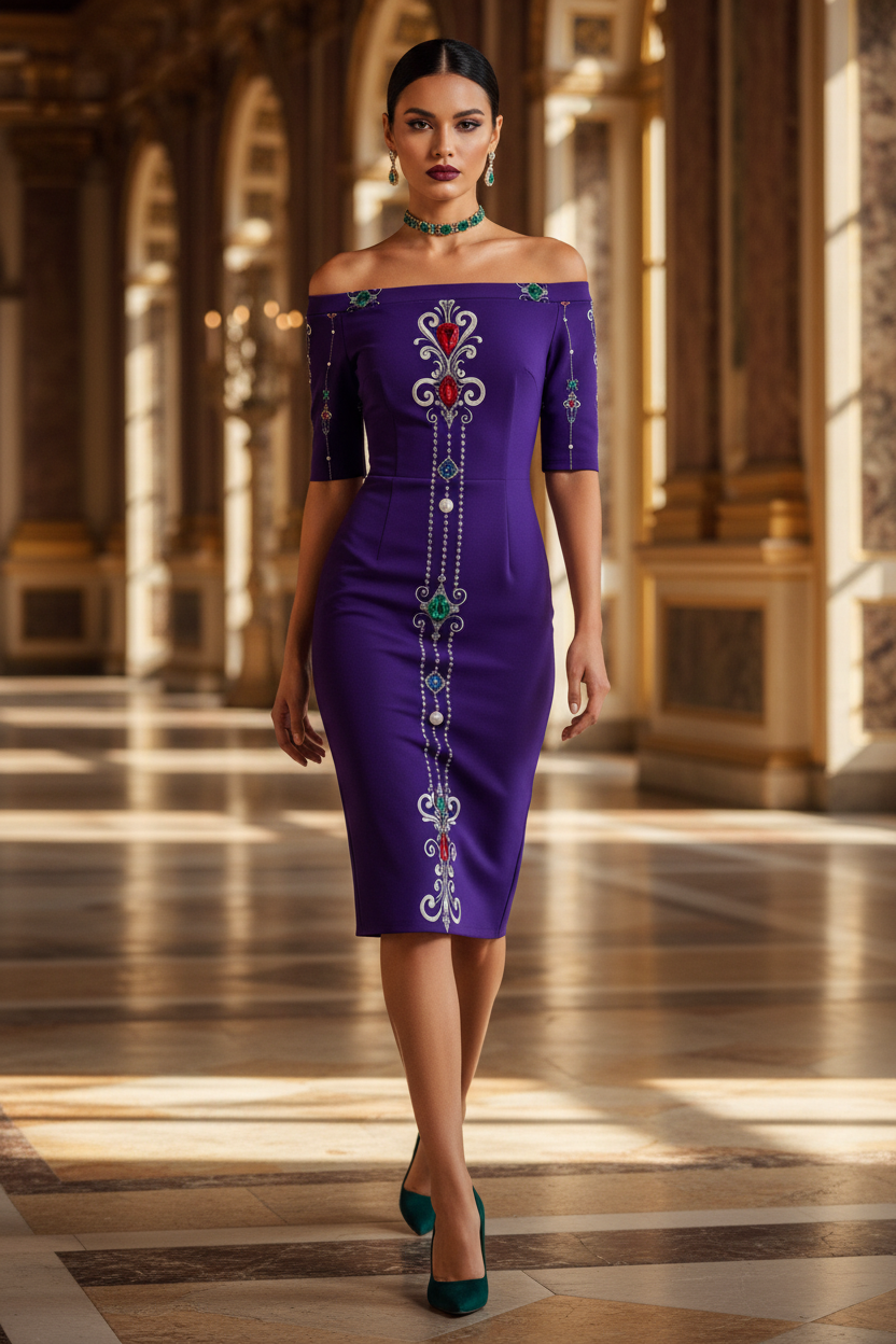 Elegant Royal Purple Baroque Off-Shoulder Wrap Dress Evening Outfit Stylish Formal Wear