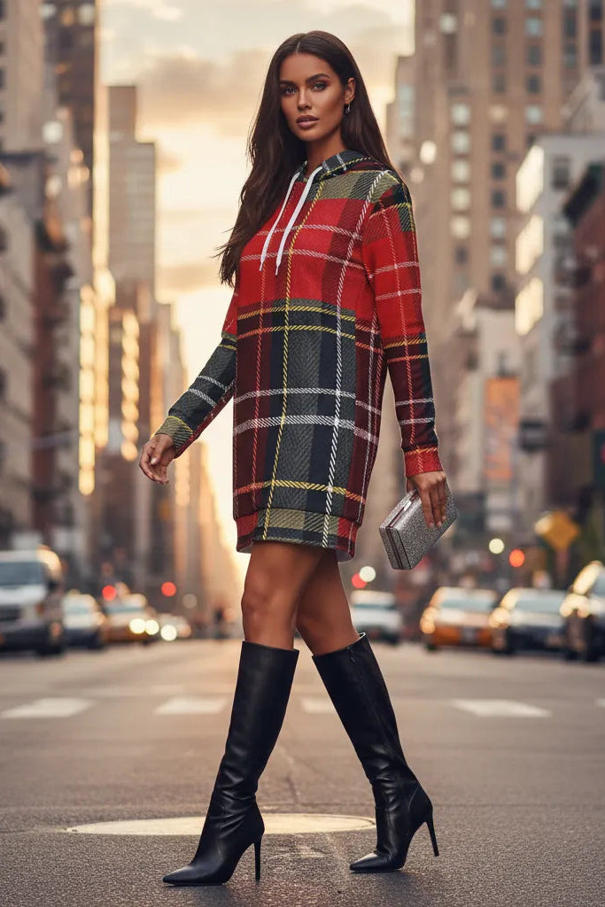 Woman wearing a Scottish tartan hoodie dress paired with black knee-high boots walking in the city