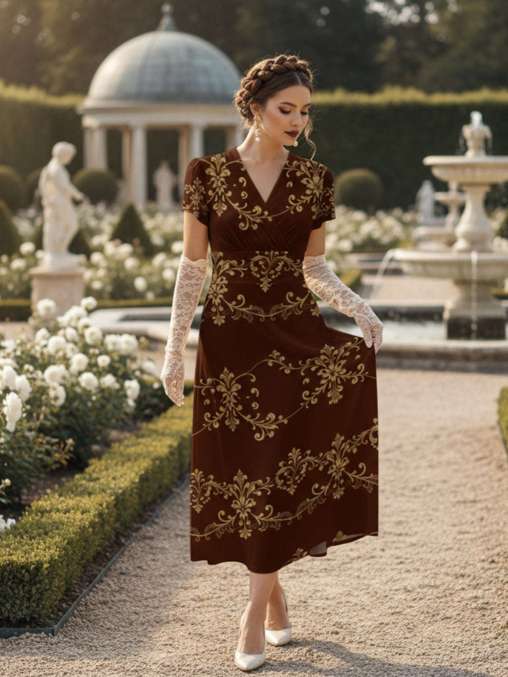 Elegant women's v-neck midi dress in brown with gold floral patterns worn outdoors in a garden