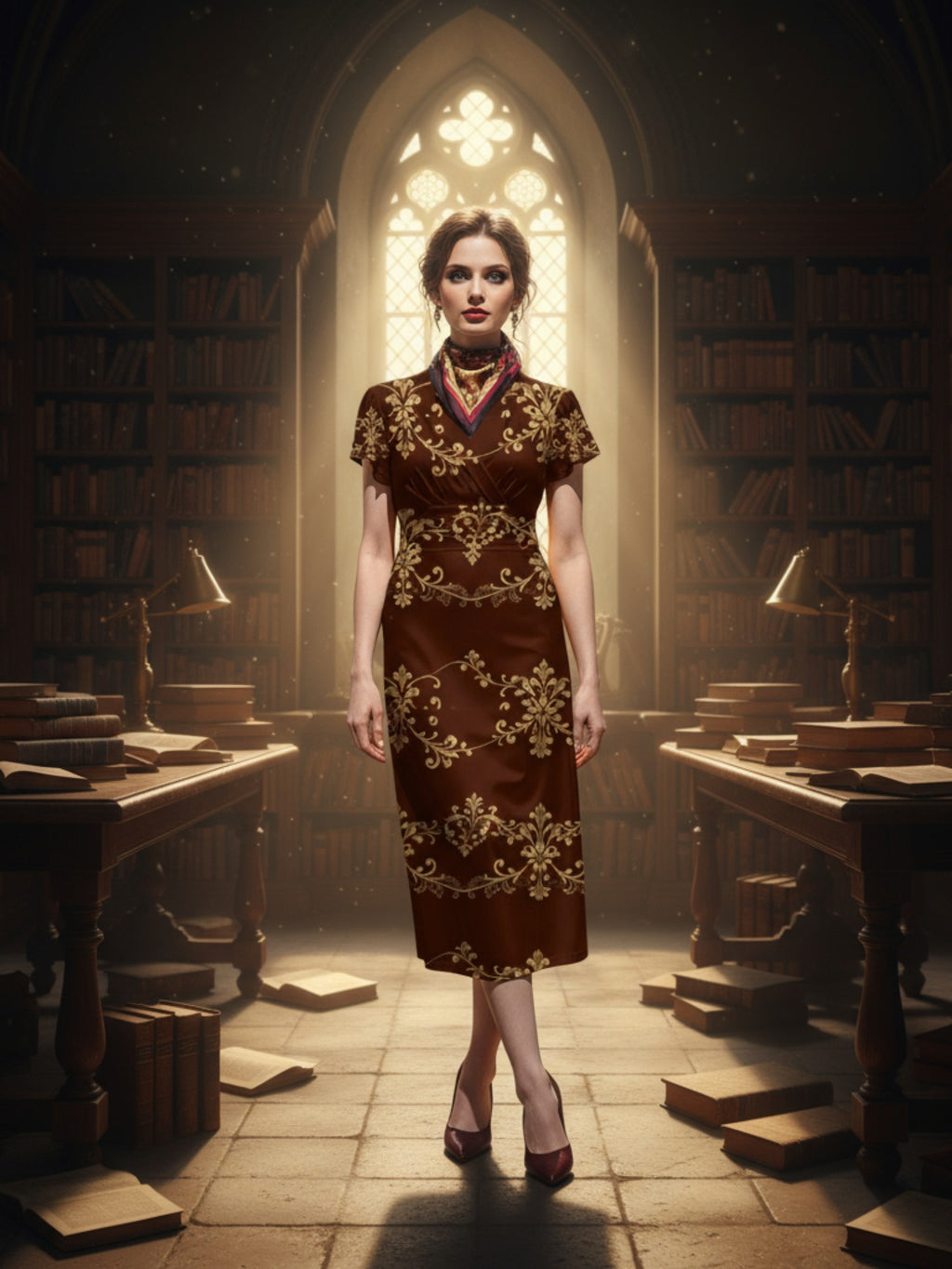 Elegant women's v-neck midi dress with gold floral embroidery worn by model in classic library