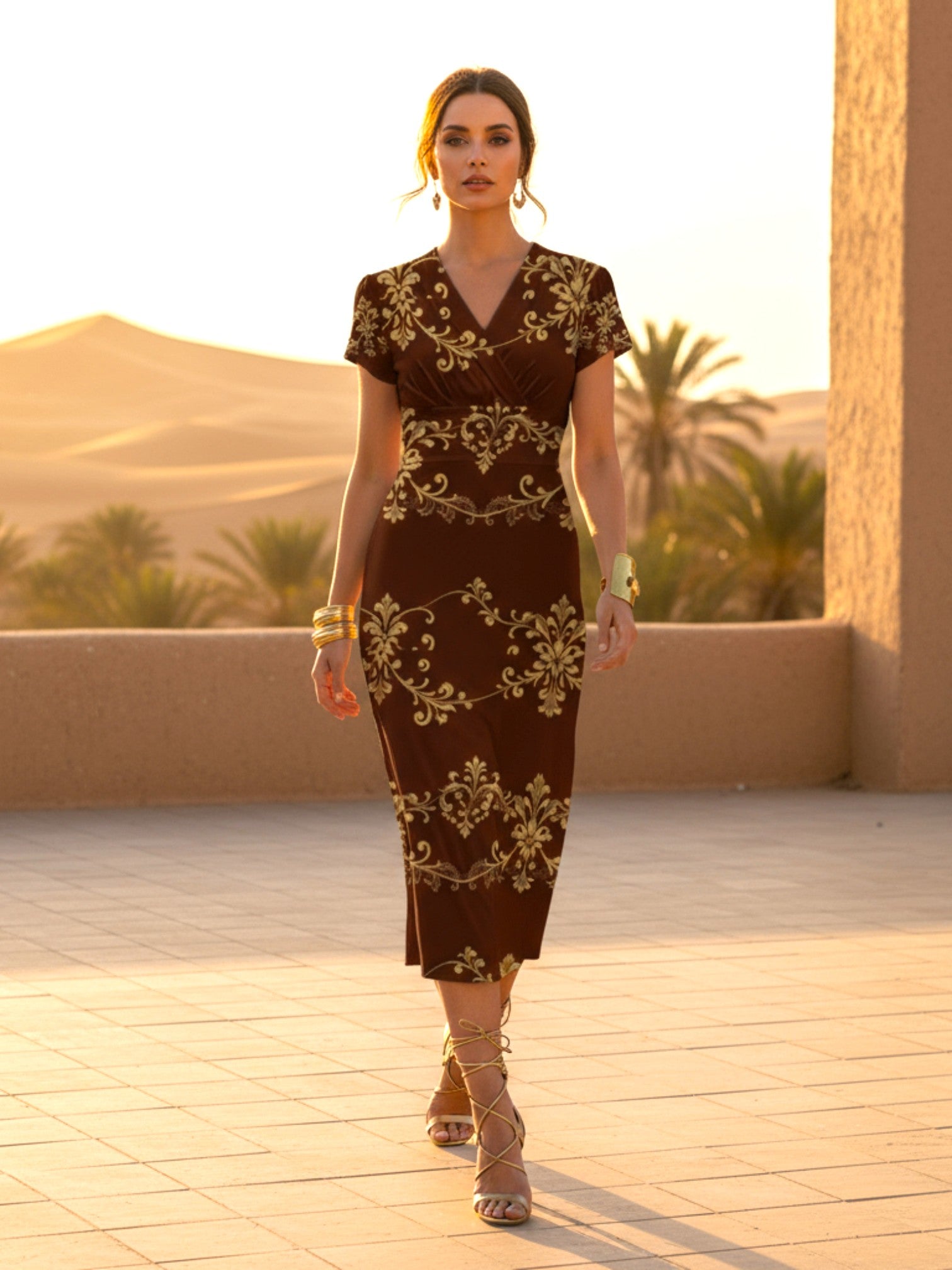 Elegant women's v-neck midi dress with gold floral patterns worn outdoors by Angelic Blessings Shop