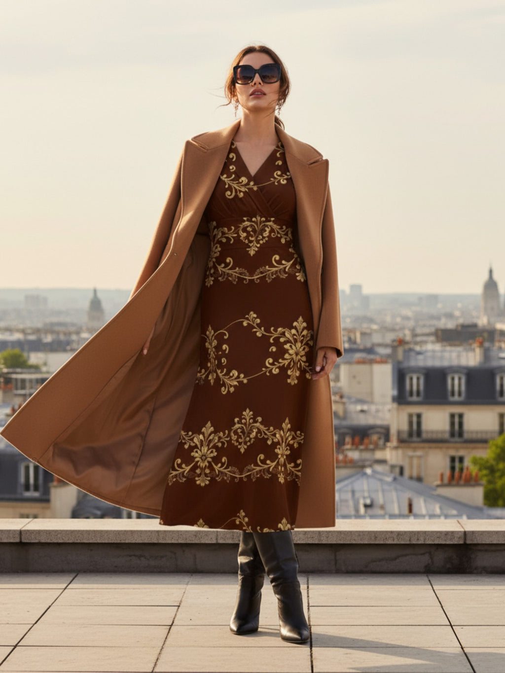 Elegant women's v-neck midi dress with gold floral pattern worn with a camel coat and black boots