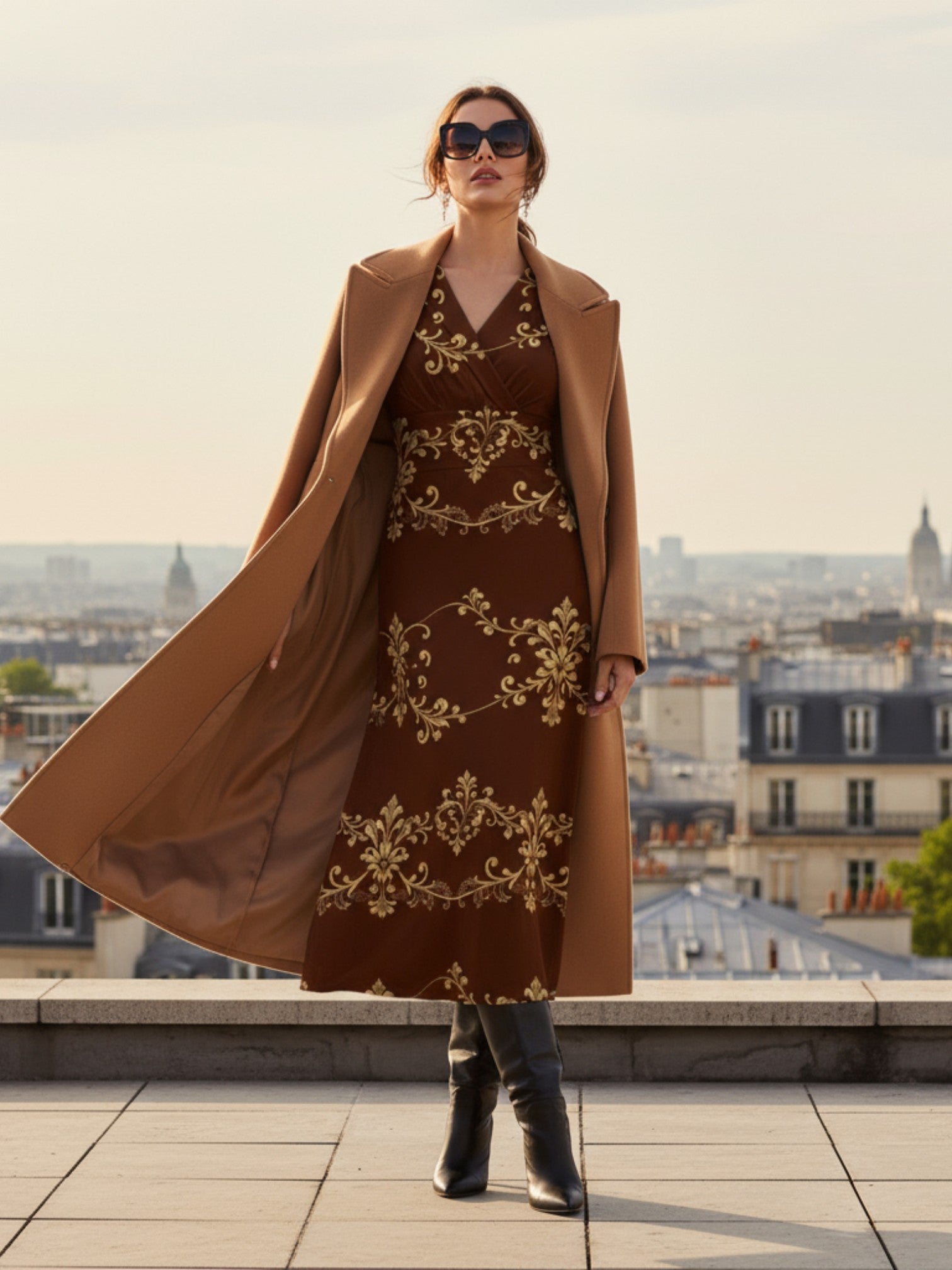 Elegant women's v-neck midi dress with gold floral pattern worn with a camel coat and black boots