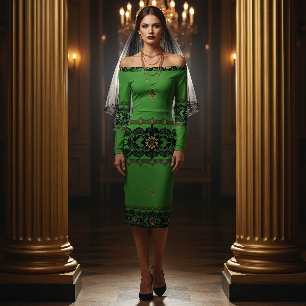 Emerald Braemar Women’s Off-The-Shoulder Long Sleeve Midi Bodycon Dress XS–6XL in green with black lace design