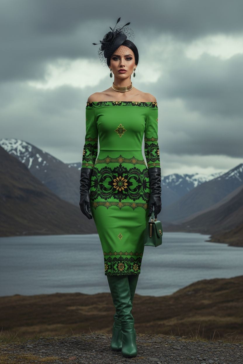 Emerald Braemar Women’s Off-The-Shoulder Long Sleeve Midi Bodycon Dress (XS–6XL) - Angelic Blessings