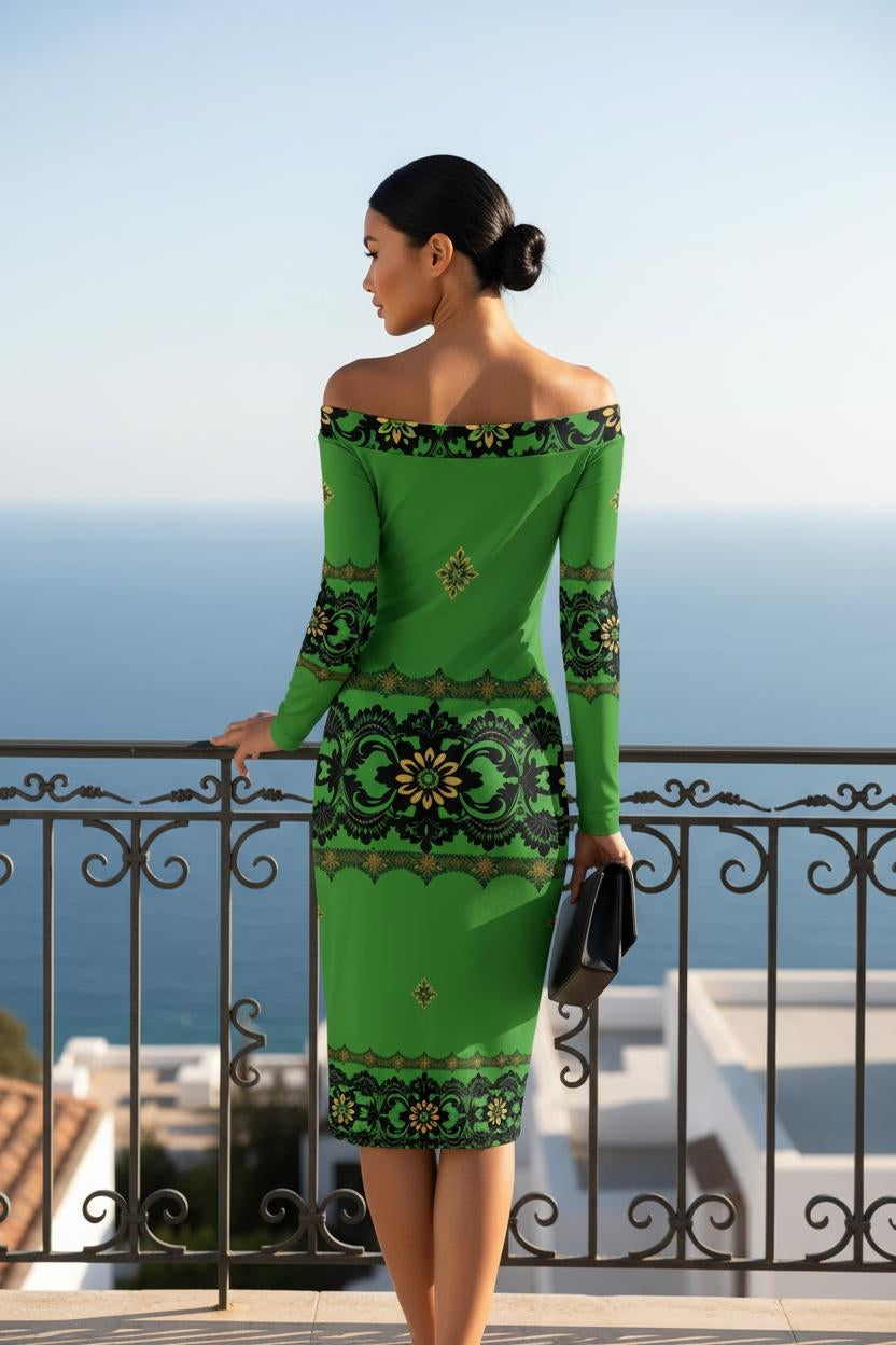 Emerald green off shoulder bodycon midi dress with long sleeves, smooth polyester fabric, and elegant baroque pattern designed for modern women.
