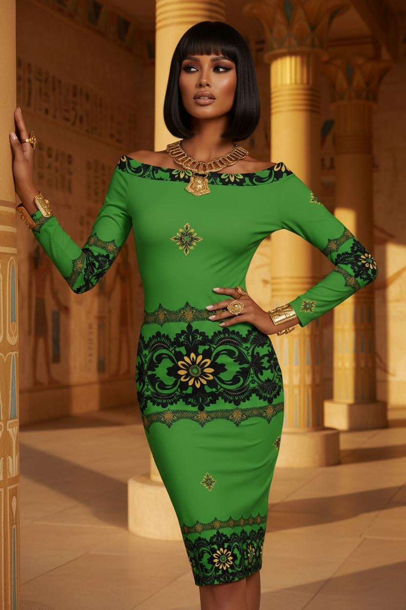 Made to order emerald midi dress with off the shoulder design, body-hugging fit, and classic baroque print, crafted for elegant evening wear.