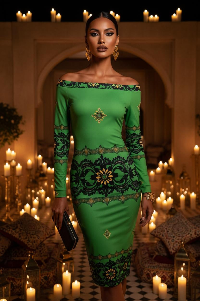 Emerald green off the shoulder bodycon midi dress with long sleeves and baroque-inspired print, worn by a tall elegant woman, luxury made to order evening dress.