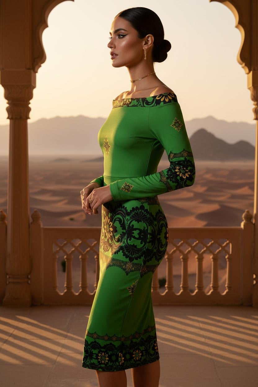 Modern emerald off shoulder midi dress combining a fitted bodycon design with classic baroque detailing for refined feminine elegance.