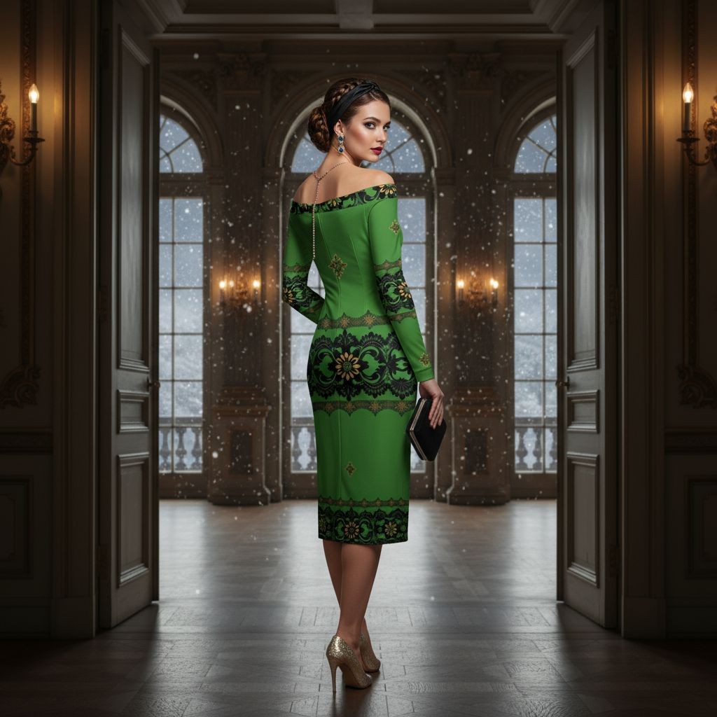 Woman wearing emerald off the shoulder bodycon dress with black floral patterns in elegant setting