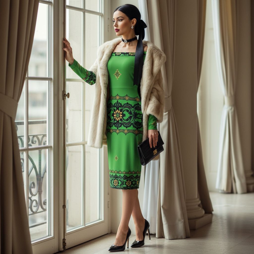 Woman wearing an emerald off the shoulder bodycon dress with intricate black and gold patterns from Angelic Blessings Shop