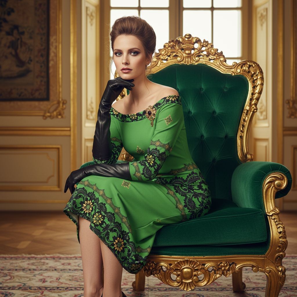 Woman wearing emerald off the shoulder bodycon dress sitting on ornate green and gold chair