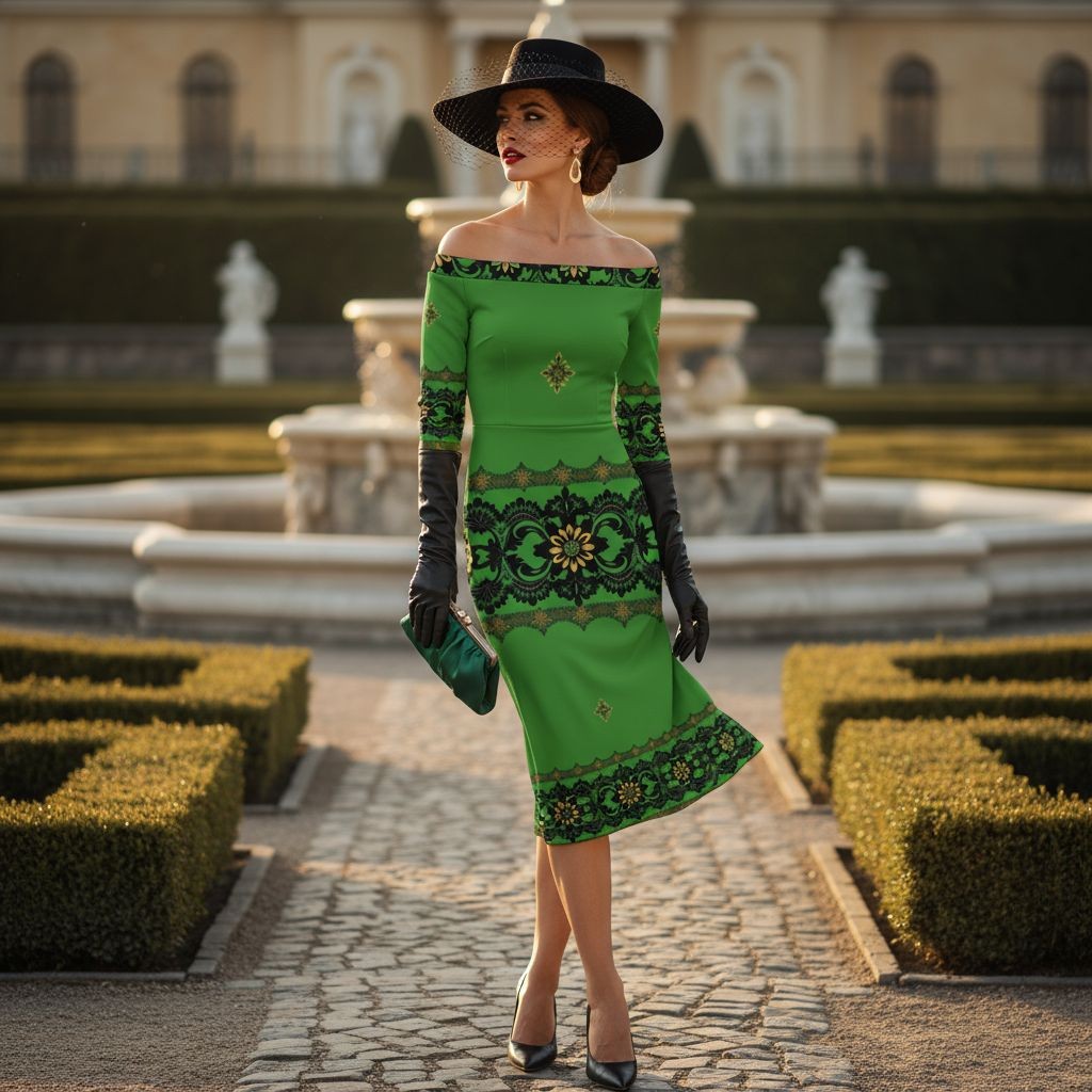 Elegant emerald off the shoulder bodycon dress with intricate black floral patterns by Angelic Blessings Shop