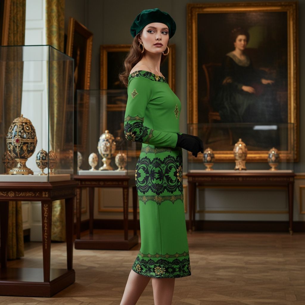 Model wearing emerald off the shoulder bodycon dress with intricate black floral patterns and matching green beret