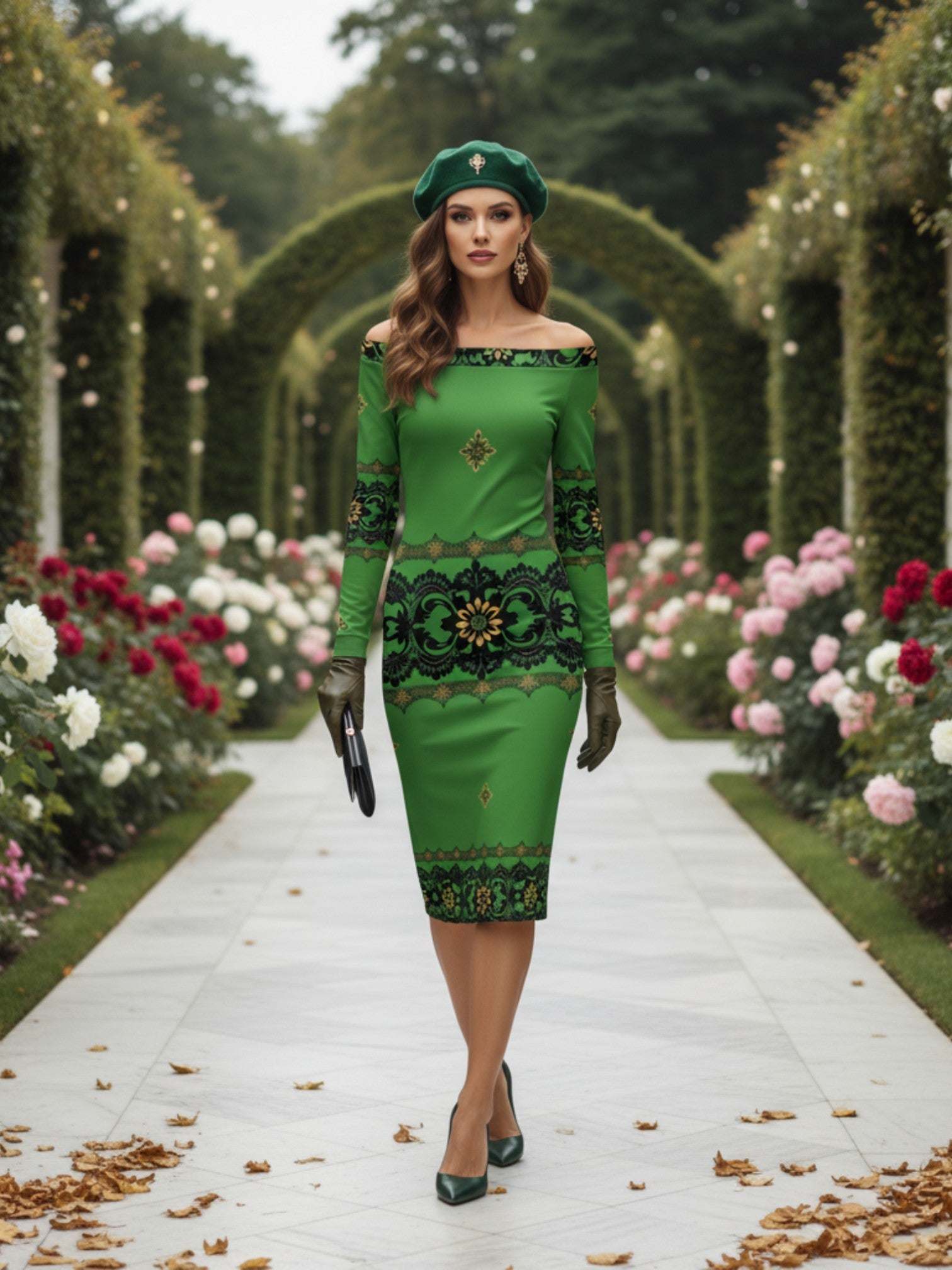 Angelic Blessings Shop emerald off the shoulder bodycon dress with long sleeves and intricate black detailing