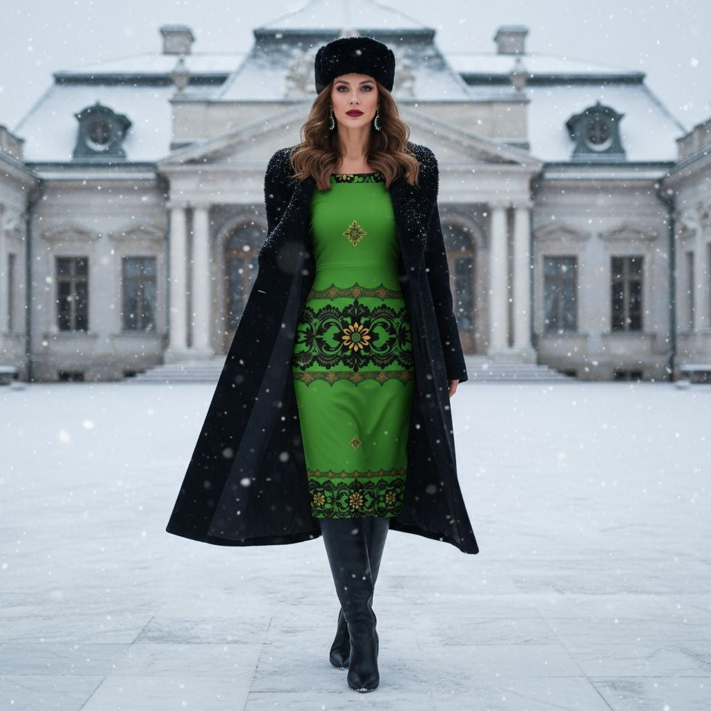 Woman wearing Emerald Braemar Women’s Off-The-Shoulder Long Sleeve Midi Bodycon Dress XS–6XL under black coat and hat in snowy outdoor setting