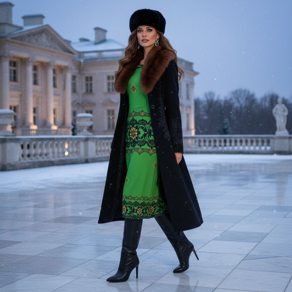 Woman wearing emerald off the shoulder bodycon dress with black coat and boots in snowy outdoor setting